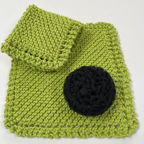 Hand Knit Dish Cloth Set of 2 Plus Scrubbie 100% Cotton Chartreuse Green Black - Picture 2 of 6